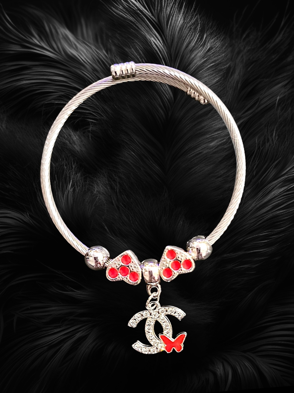 Stainless steel bracelet with Red Accents and Interlocking CC Charm